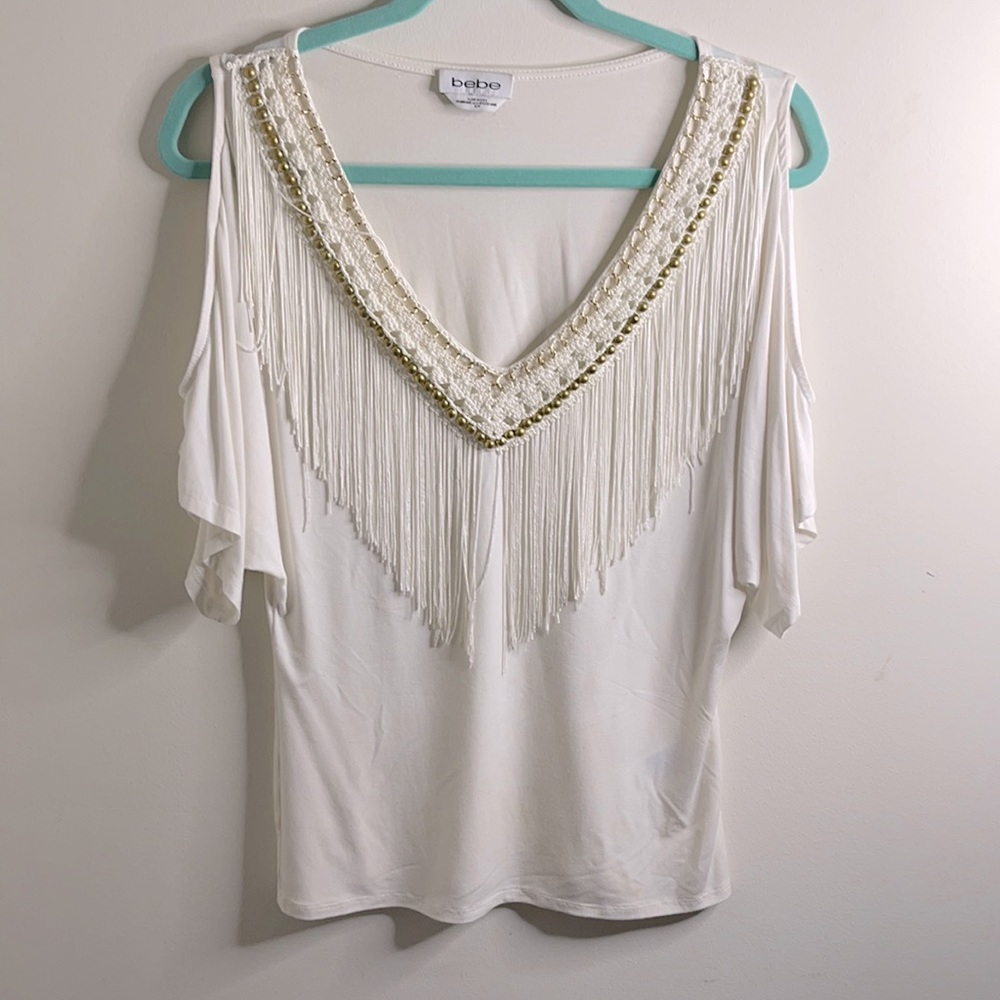 BEBE Cold Shoulder Fringe Top